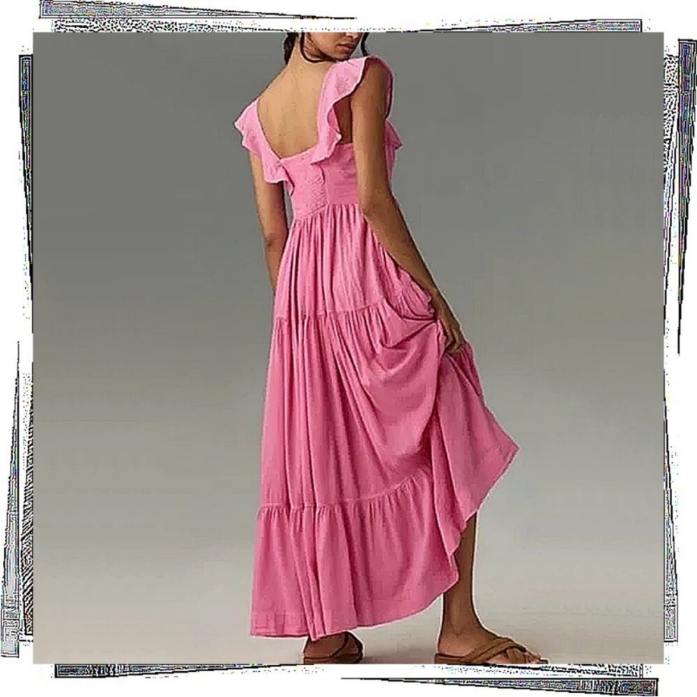 Anthropologie Pilcro Flutter Sleeve Tiered Dress Pink Maxi Button Front XL NEW - Picture 3 of 13